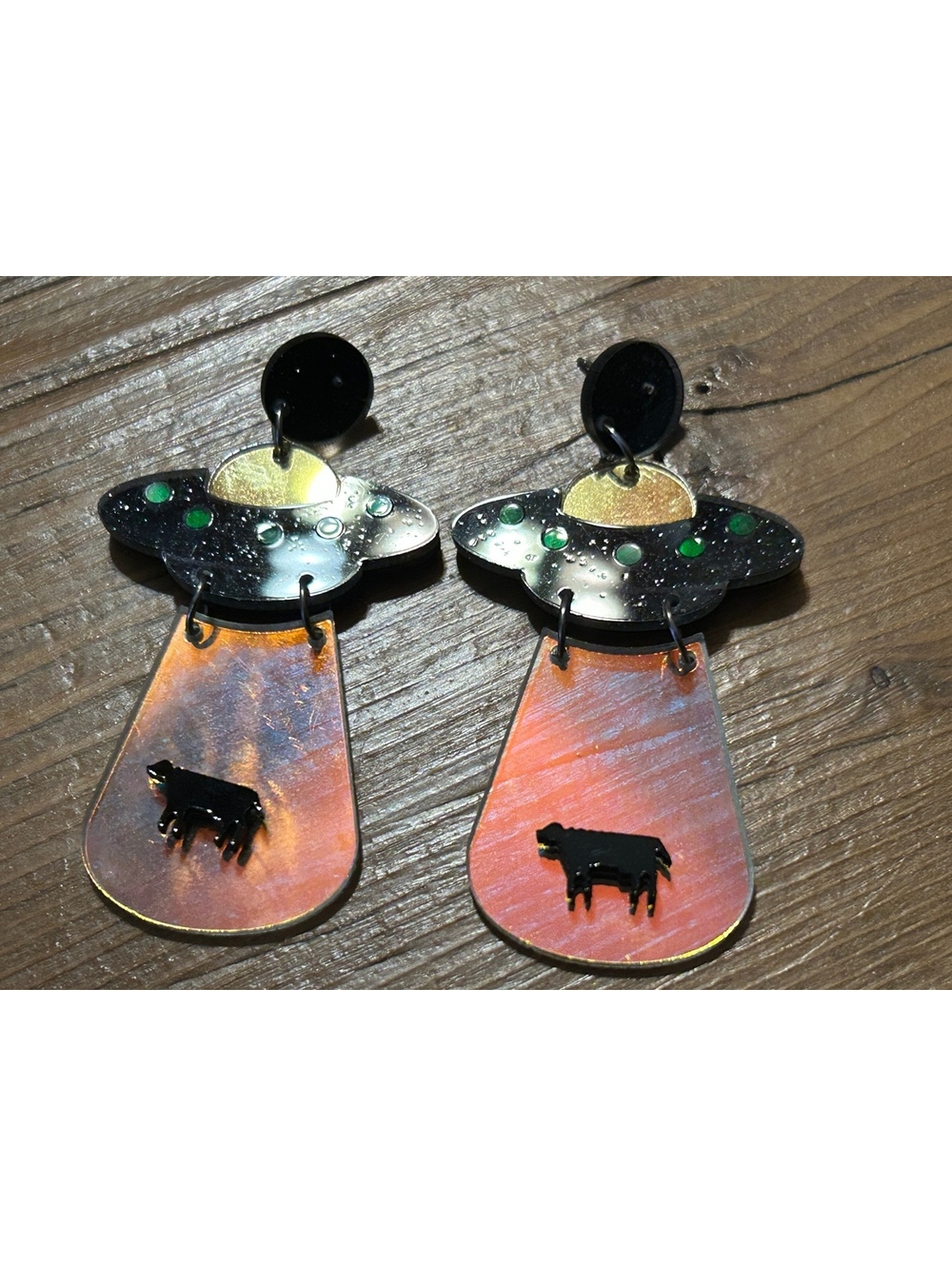Unique Handmade UFO and Cow Dangle Earrings